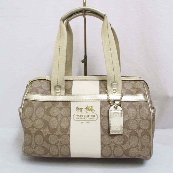 Coach Heritage Stripe G1076 Shoulder Bag  Cream & Coated Canvas w turnlock pockt - Picture 1 of 8